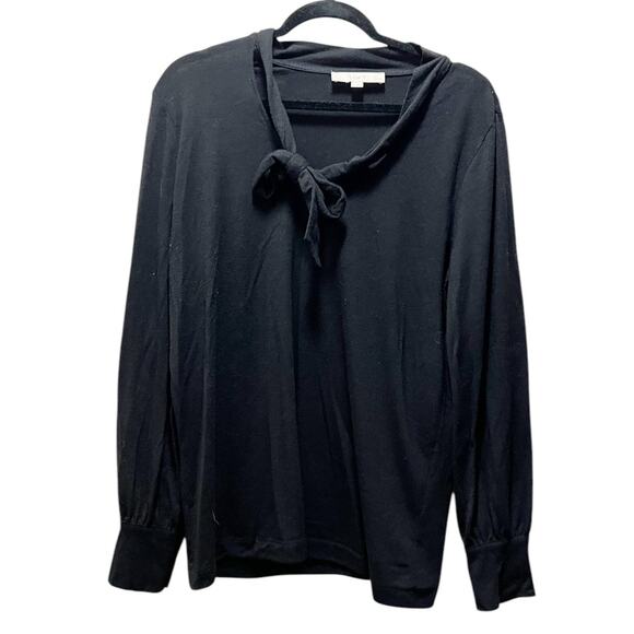 LOFT Black Long Sleeve Tie Neck Relaxed Fit Blouse Balloon Sleeve Size XL P - Picture 1 of 7